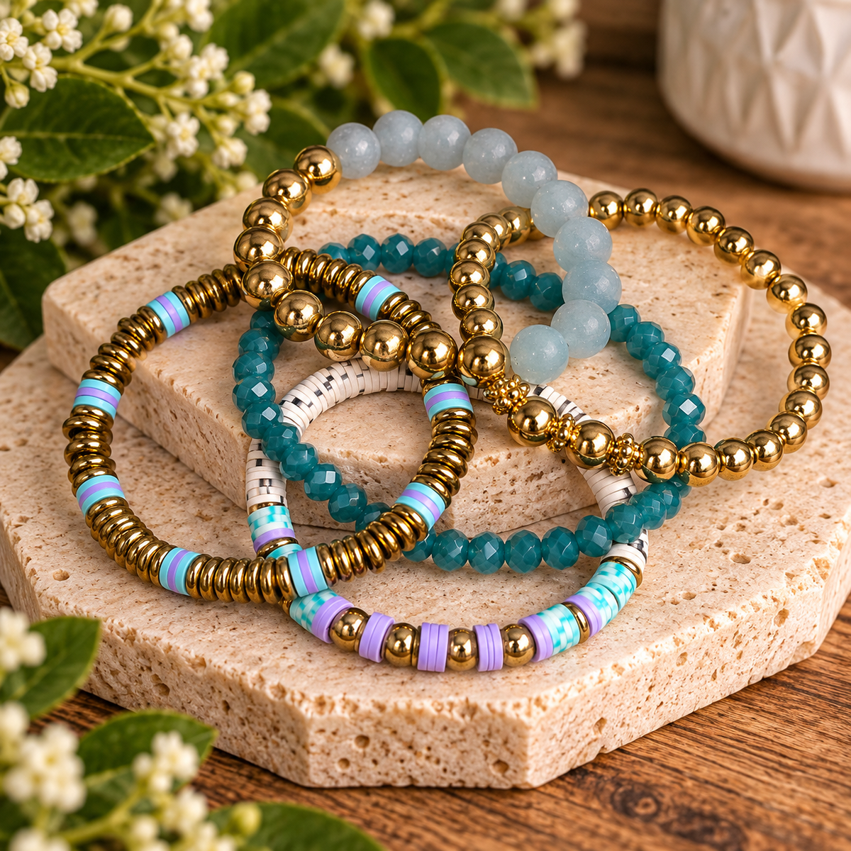 Pastel Lavender, Mint & Gold Stackable Bracelet Set