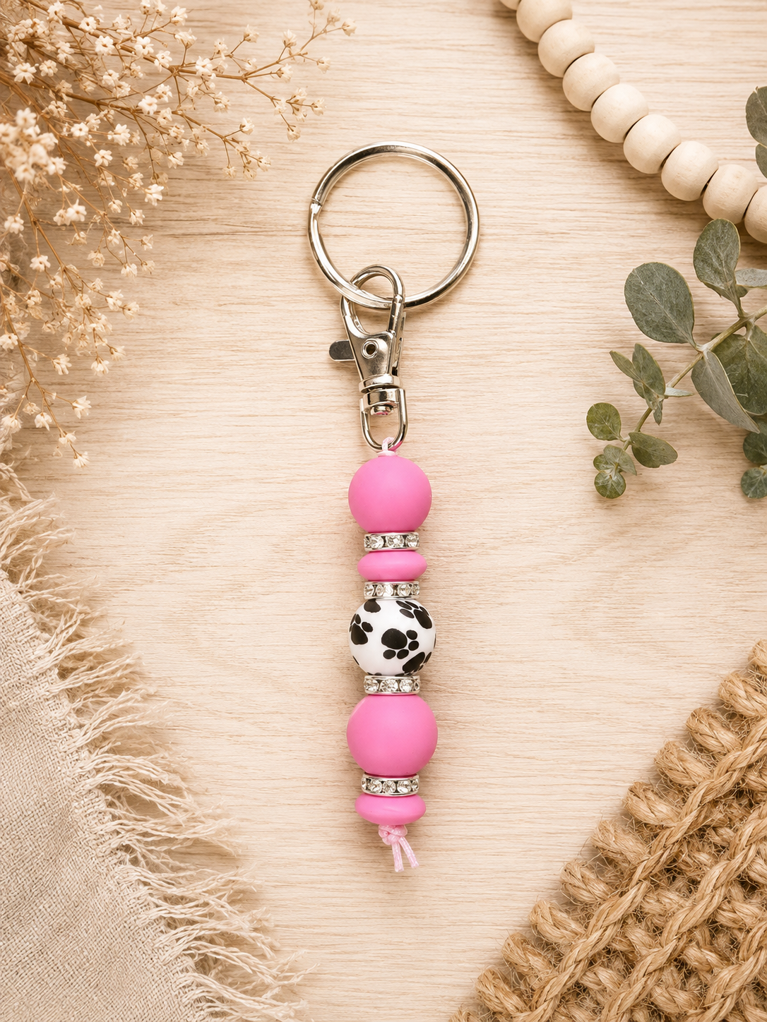 Pink Paw Print Beaded Keychain