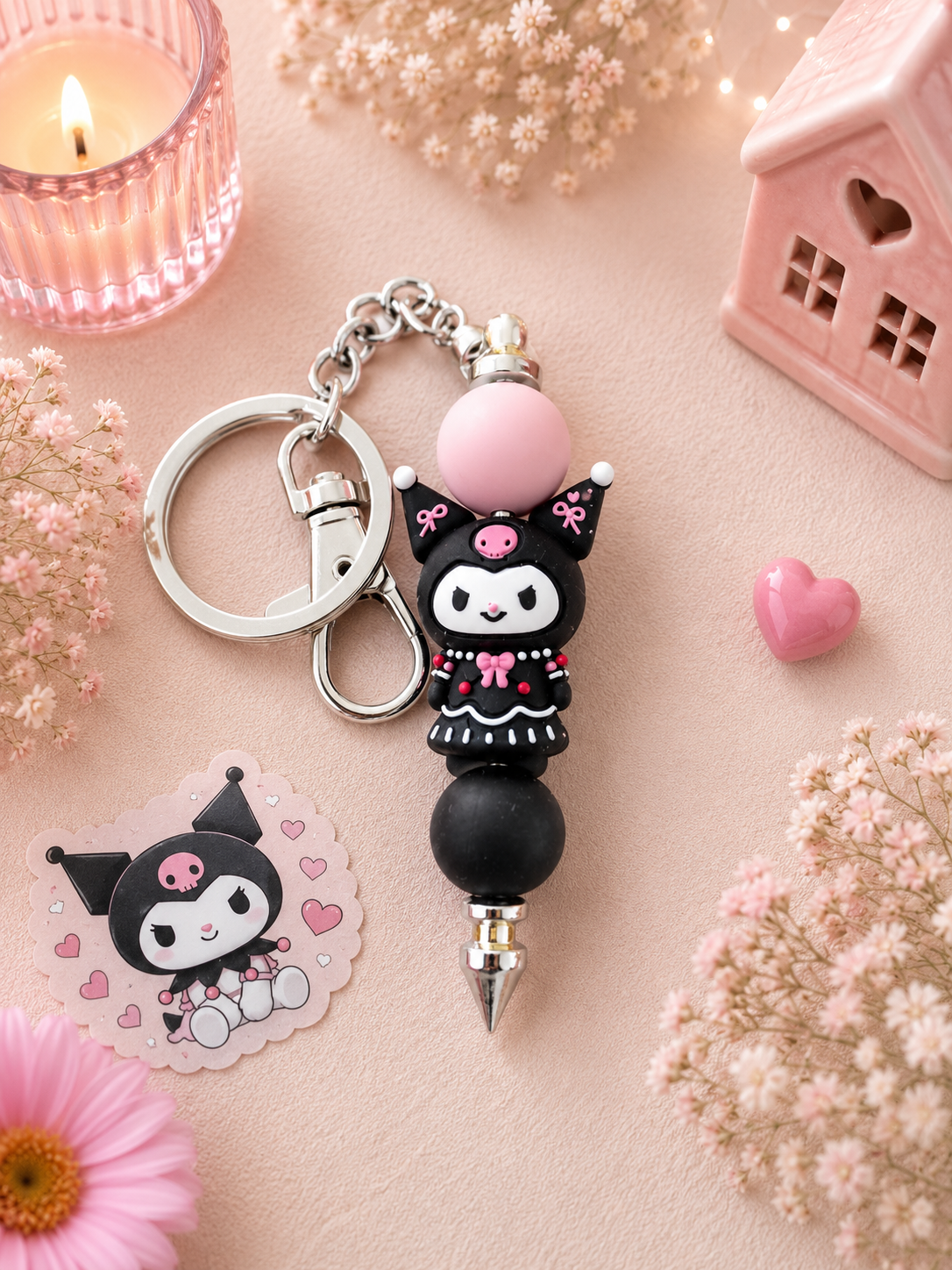 Kuromi Inspired Beaded Keychain