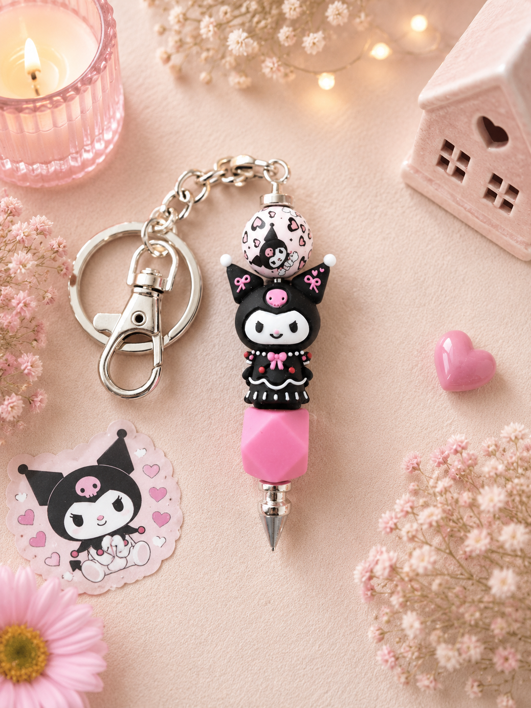 Kuromi Inspired Beaded Keychain