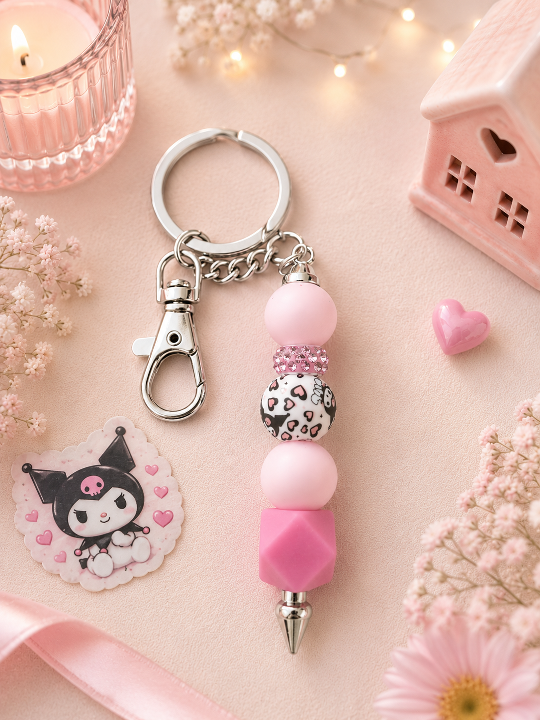 Kuromi Inspired Beaded Keychain